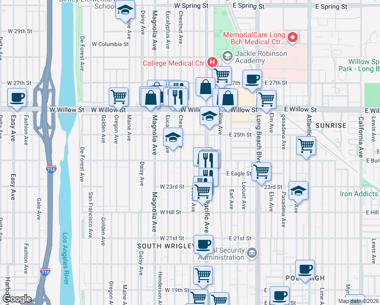 map of restaurants, bars, coffee shops, grocery stores, and more near 323 West Burnett Street in Long Beach