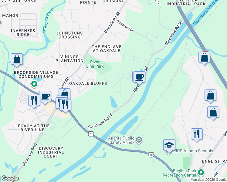 map of restaurants, bars, coffee shops, grocery stores, and more near 1648 Armstrong Place Southeast in Mableton