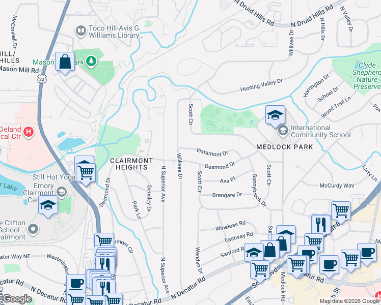 map of restaurants, bars, coffee shops, grocery stores, and more near 2216 Desmond Drive in Decatur