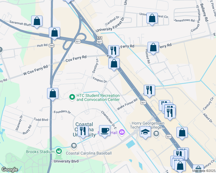 map of restaurants, bars, coffee shops, grocery stores, and more near 5001 Salem Street in Conway