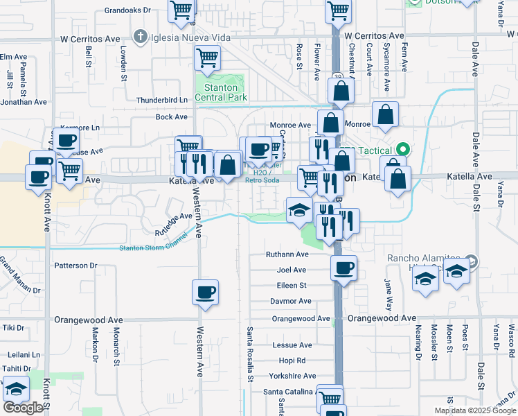 map of restaurants, bars, coffee shops, grocery stores, and more near 21 Greenbrier Court in Stanton