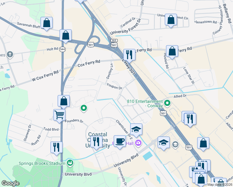 map of restaurants, bars, coffee shops, grocery stores, and more near 1025 Carolina Road in Conway