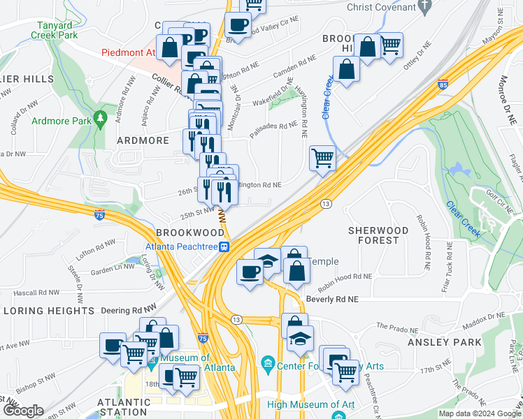 map of restaurants, bars, coffee shops, grocery stores, and more near in Atlanta
