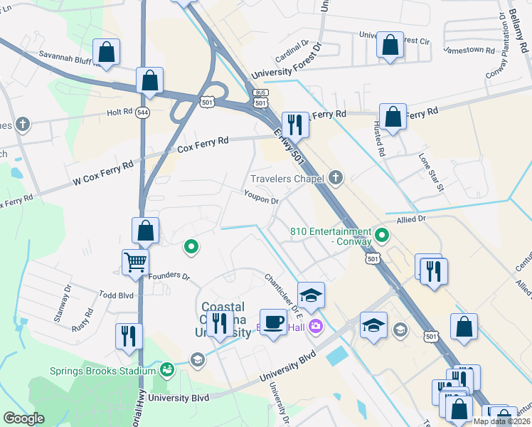 map of restaurants, bars, coffee shops, grocery stores, and more near 1025 Carolina Road in Conway