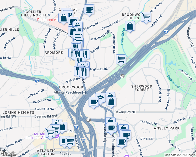 map of restaurants, bars, coffee shops, grocery stores, and more near 1735 Peachtree Road Northeast in Atlanta