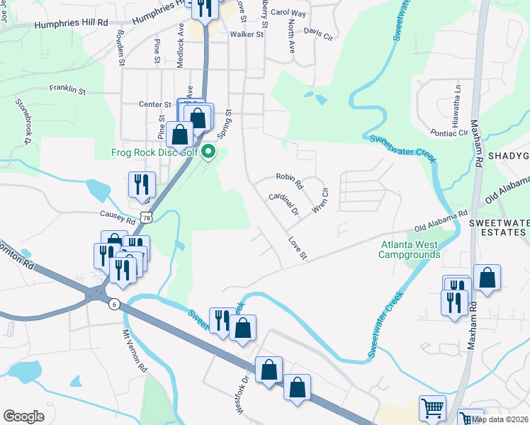 map of restaurants, bars, coffee shops, grocery stores, and more near 6290 Love Street in Austell