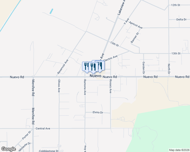 map of restaurants, bars, coffee shops, grocery stores, and more near 29616 Nuevo Road in Nuevo