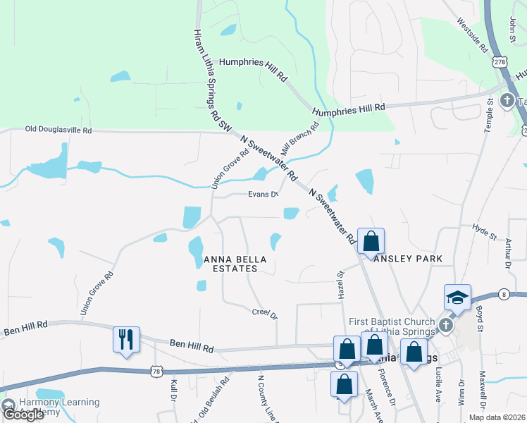 map of restaurants, bars, coffee shops, grocery stores, and more near 3941 Forest Drive in Lithia Springs