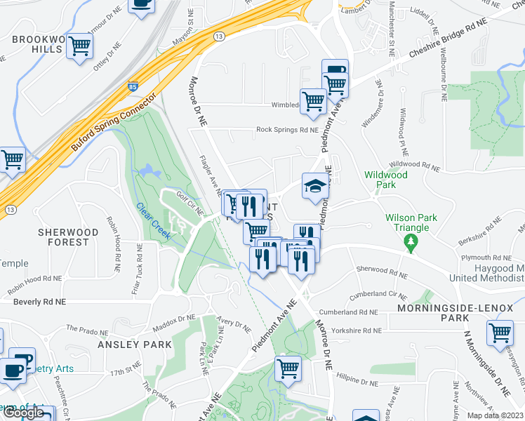 map of restaurants, bars, coffee shops, grocery stores, and more near 515 Ansley Circle Northeast in Atlanta