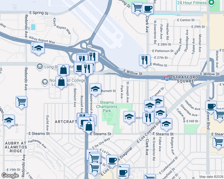 map of restaurants, bars, coffee shops, grocery stores, and more near 2400 Quincy Avenue in Long Beach