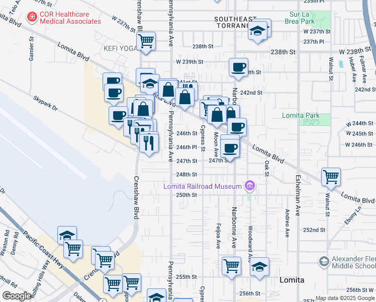 map of restaurants, bars, coffee shops, grocery stores, and more near 2338 246th Place in Lomita