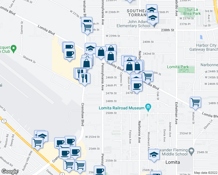 map of restaurants, bars, coffee shops, grocery stores, and more near 2350 246th Place in Lomita