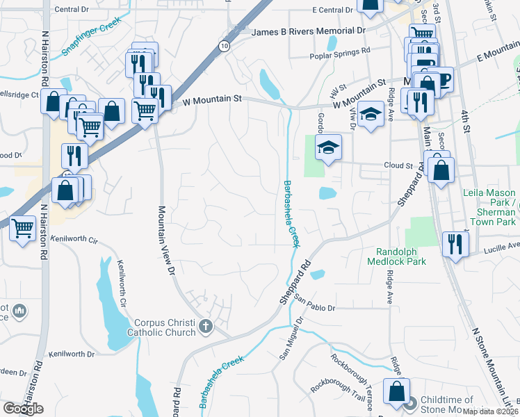 map of restaurants, bars, coffee shops, grocery stores, and more near 795 Needle Rock Drive in Stone Mountain