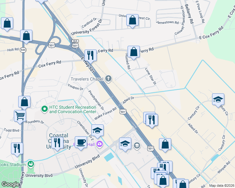 map of restaurants, bars, coffee shops, grocery stores, and more near 1793 U.S. 501 in Conway