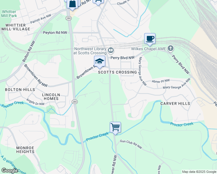 map of restaurants, bars, coffee shops, grocery stores, and more near 1634 Hollywood Road Northwest in Atlanta
