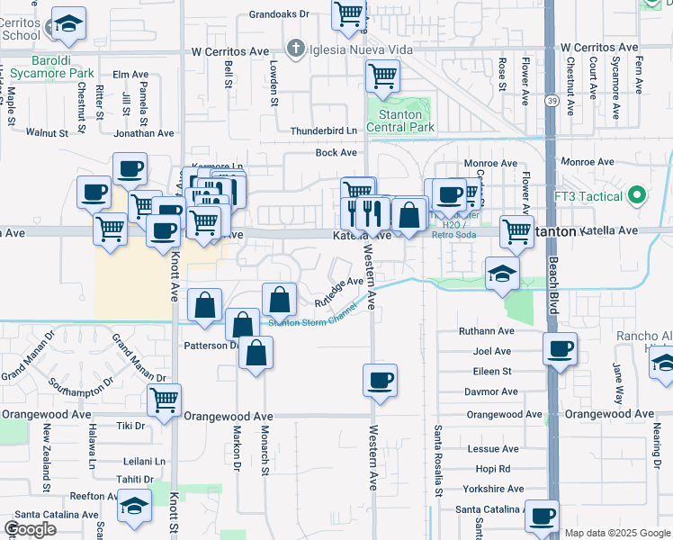 map of restaurants, bars, coffee shops, grocery stores, and more near 11078 Camden Way in Stanton