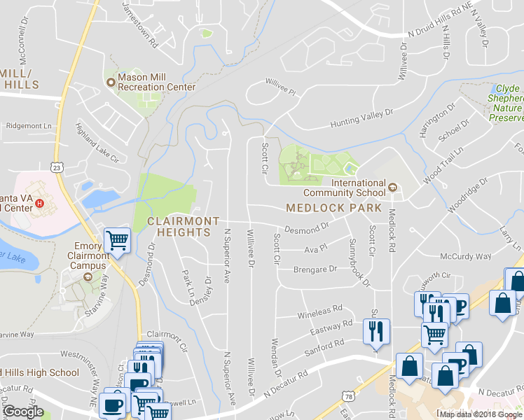 map of restaurants, bars, coffee shops, grocery stores, and more near 2227 Vistamont Drive in Decatur