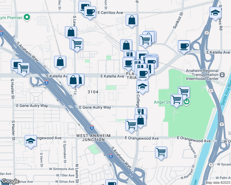 map of restaurants, bars, coffee shops, grocery stores, and more near 1859 Union Street in Anaheim