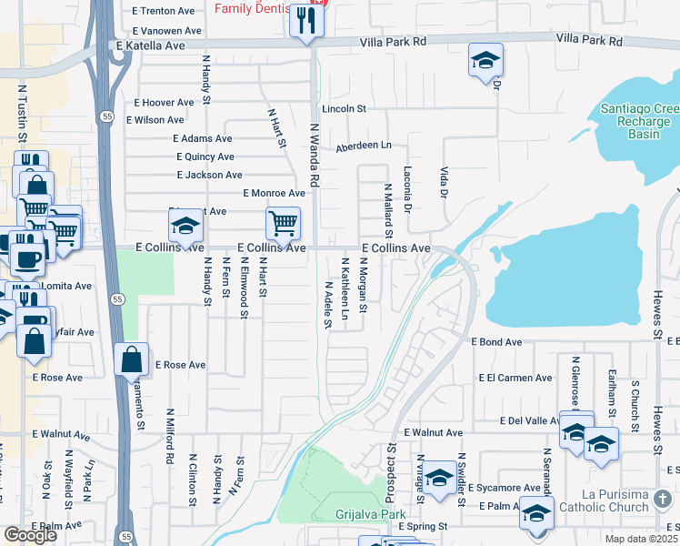 map of restaurants, bars, coffee shops, grocery stores, and more near 820 North Kathleen Lane in Orange