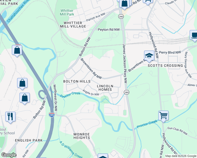 map of restaurants, bars, coffee shops, grocery stores, and more near 2815 Revere Drive Northwest in Atlanta