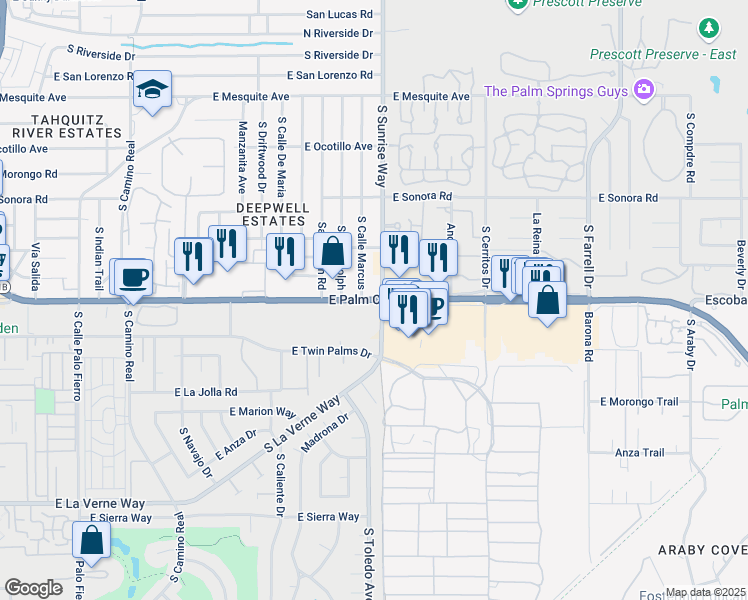 map of restaurants, bars, coffee shops, grocery stores, and more near 1699 East Palm Canyon Drive in Palm Springs
