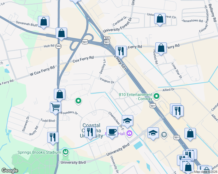 map of restaurants, bars, coffee shops, grocery stores, and more near 1025 Carolina Road in Conway