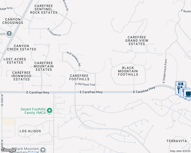 map of restaurants, bars, coffee shops, grocery stores, and more near 34810 North Arroyo Road in Cave Creek