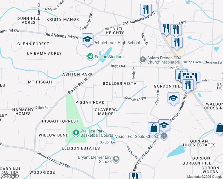 map of restaurants, bars, coffee shops, grocery stores, and more near 6270 Britt Road Southwest in Mableton