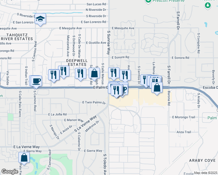 map of restaurants, bars, coffee shops, grocery stores, and more near E Palm Canyon Dr & S Sunrise Way in Palm Springs