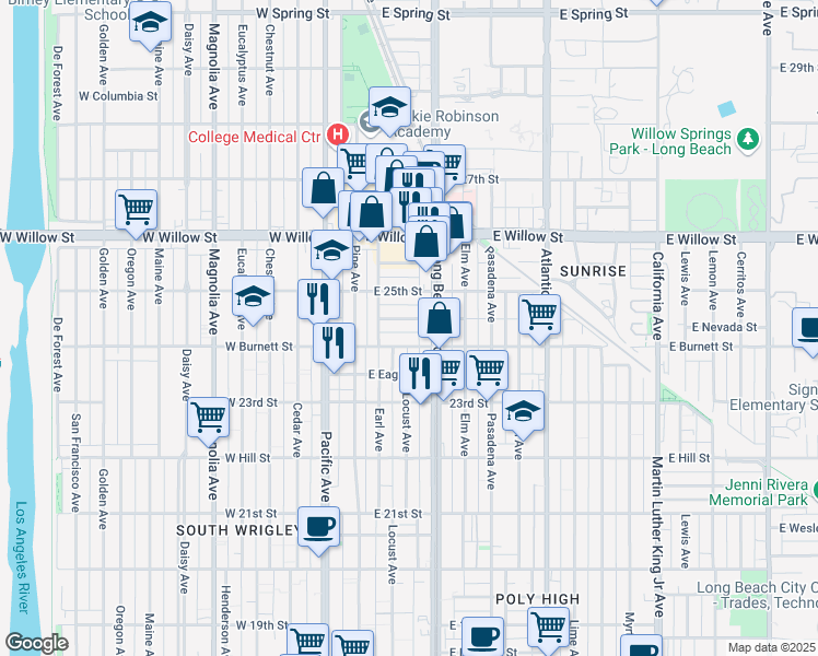 map of restaurants, bars, coffee shops, grocery stores, and more near 250 East Nevada Street in Long Beach