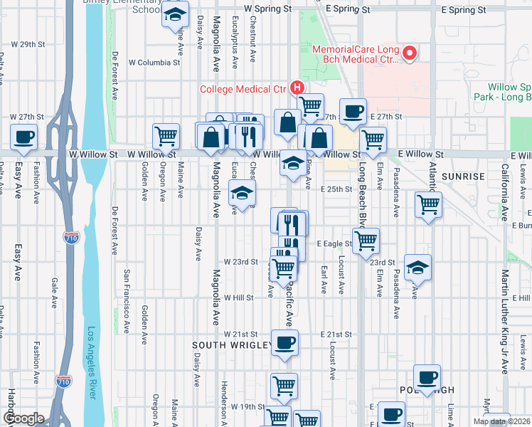 map of restaurants, bars, coffee shops, grocery stores, and more near 2429 Cedar Avenue in Long Beach