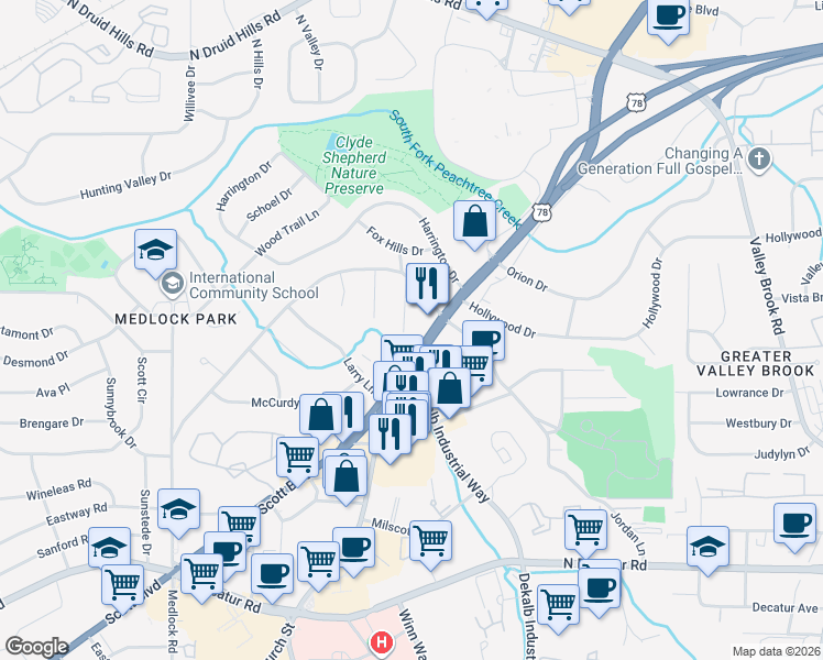 map of restaurants, bars, coffee shops, grocery stores, and more near 1826 Lawrenceville Highway in Decatur