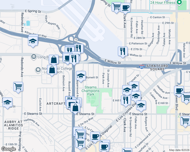 map of restaurants, bars, coffee shops, grocery stores, and more near 2400 Quincy Avenue in Long Beach