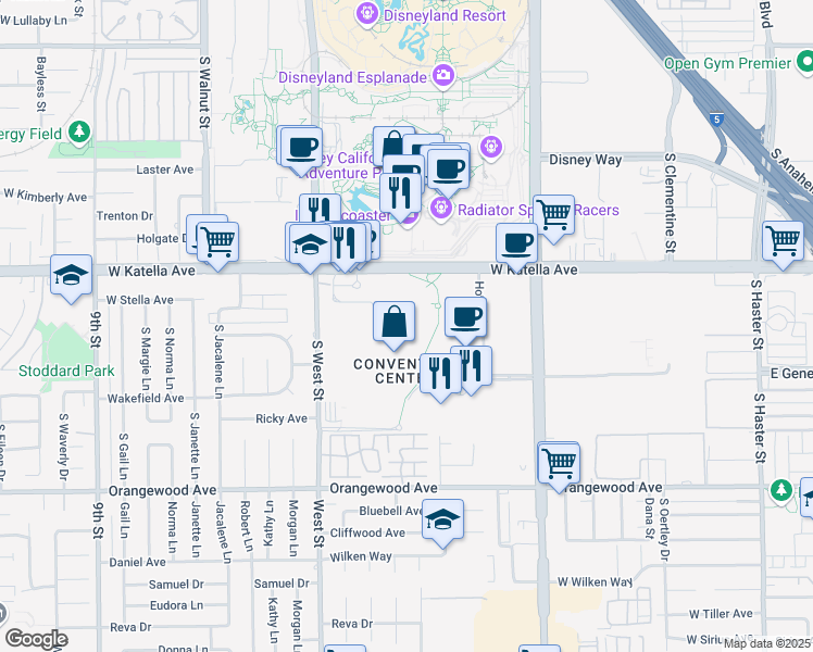 map of restaurants, bars, coffee shops, grocery stores, and more near 800 West Katella Avenue in Anaheim