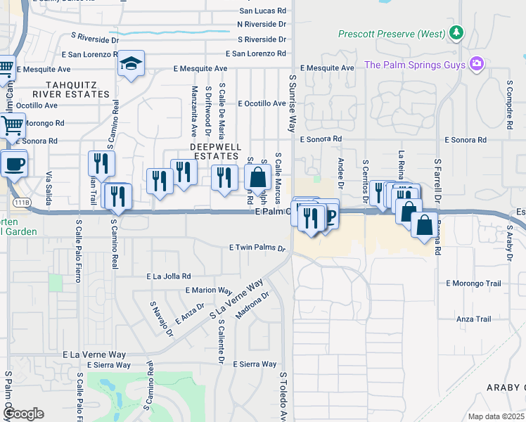 map of restaurants, bars, coffee shops, grocery stores, and more near 1655 East Palm Canyon Drive in Palm Springs