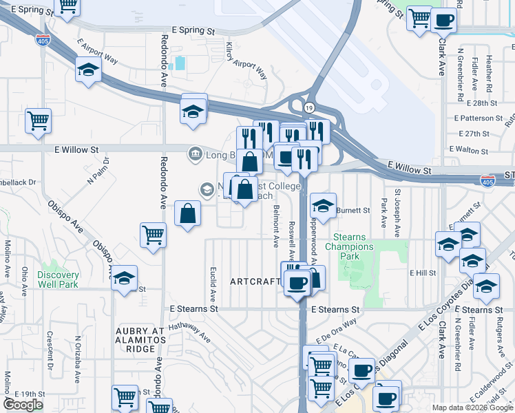 map of restaurants, bars, coffee shops, grocery stores, and more near 2413 Termino Avenue in Long Beach
