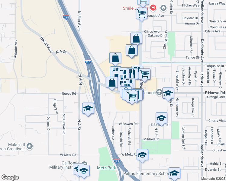 map of restaurants, bars, coffee shops, grocery stores, and more near 2 West Nuevo Road in Perris
