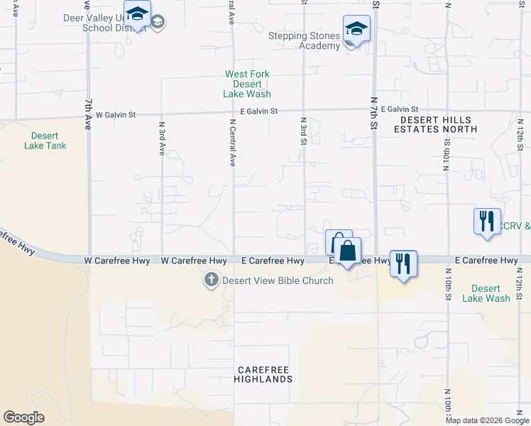 map of restaurants, bars, coffee shops, grocery stores, and more near 34719 North Central Avenue in Phoenix