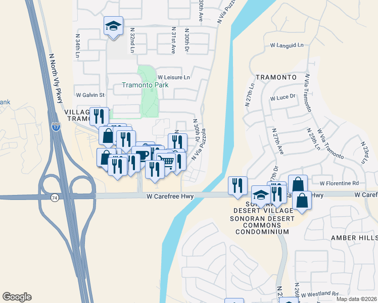 map of restaurants, bars, coffee shops, grocery stores, and more near 34819 North 30th Drive in Phoenix
