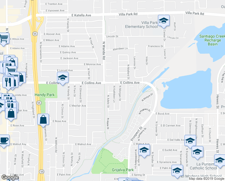 map of restaurants, bars, coffee shops, grocery stores, and more near 820 North Kathleen Lane in Orange