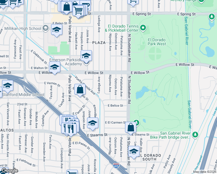 map of restaurants, bars, coffee shops, grocery stores, and more near 2462 Monogram Avenue in Long Beach