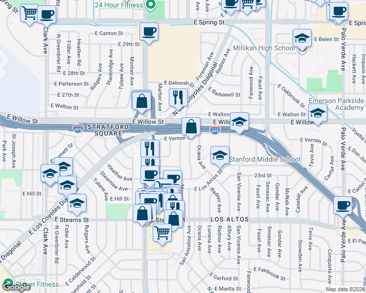 map of restaurants, bars, coffee shops, grocery stores, and more near 2400 Marwick Avenue in Long Beach