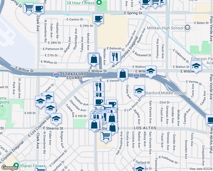 map of restaurants, bars, coffee shops, grocery stores, and more near 2401 Chatwin Avenue in Long Beach