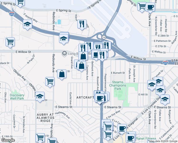 map of restaurants, bars, coffee shops, grocery stores, and more near 2373 Belmont Avenue in Long Beach