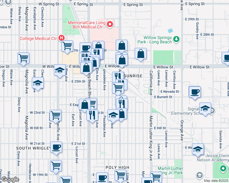 map of restaurants, bars, coffee shops, grocery stores, and more near 2411 Linden Avenue in Long Beach