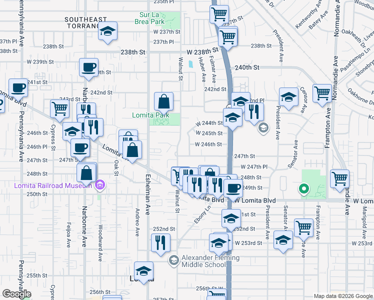 map of restaurants, bars, coffee shops, grocery stores, and more near 24625 Falena Avenue in Lomita