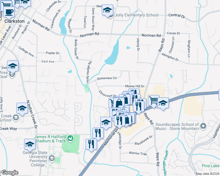 map of restaurants, bars, coffee shops, grocery stores, and more near 4001 Maxey Hill Drive in Stone Mountain