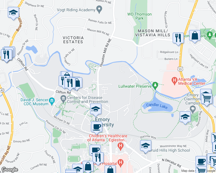 map of restaurants, bars, coffee shops, grocery stores, and more near 761 Houston Mill Road Northeast in Atlanta