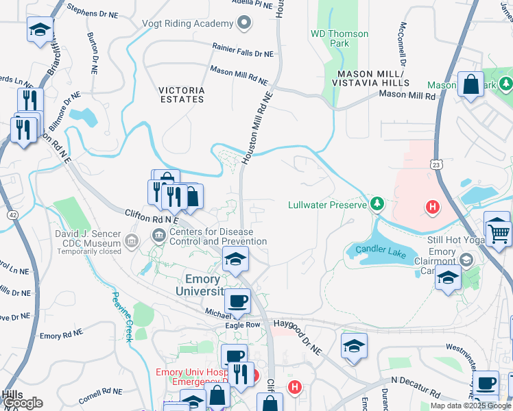 map of restaurants, bars, coffee shops, grocery stores, and more near 753 Houston Mill Road Northeast in Atlanta