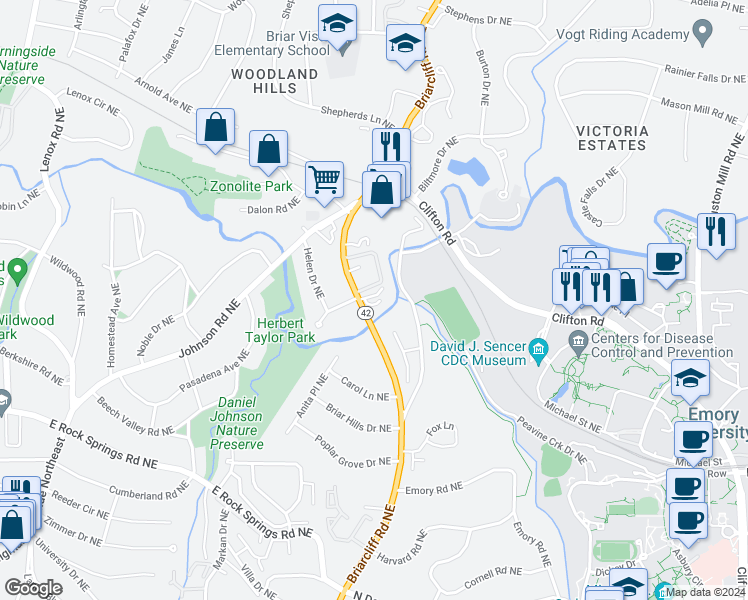 map of restaurants, bars, coffee shops, grocery stores, and more near 1519 Kay Lane Northeast in Atlanta